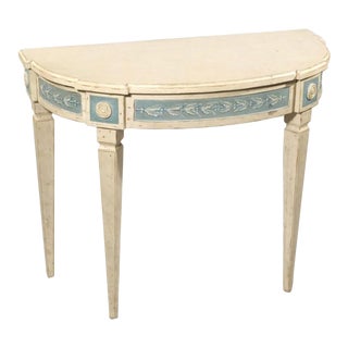 1980s Pierre Deux French Demilune Table Hand Painted in Shades of Gray and Blue For Sale