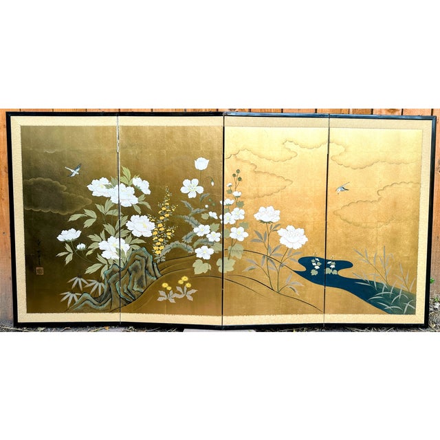Large Japanese Four-Panel Byobu Folding Screen in the Rinpa Style With Gold Leaf For Sale - Image 18 of 18