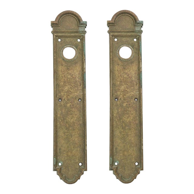 Pair of Vintage 16.875 In. Russwin Bronze Door Push Plates With Lock Insert For Sale