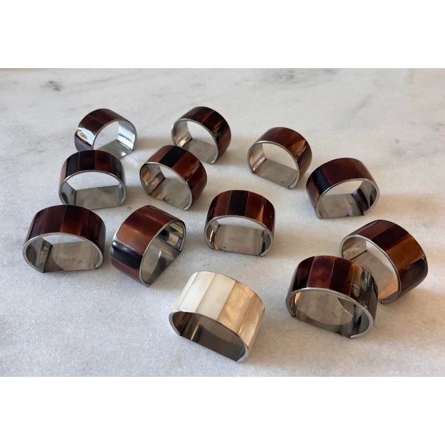Mid 20th Century Vintage Brown Mother of Pearl and Chrome Silver Napkin Rings - Set of 6 For Sale - Image 5 of 8