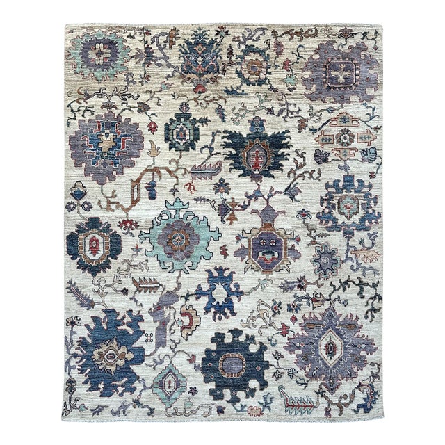 Oushak Handmade Wool Rug in Ivory With Multicolor Florals For Sale