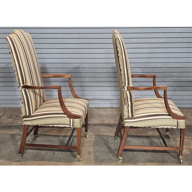 Wood Mid 20th Century Share Pair of Kittinger Williamsburg Mahogany Martha Washington Arm Chair Cw13 Silk For Sale - Image 7 of 10