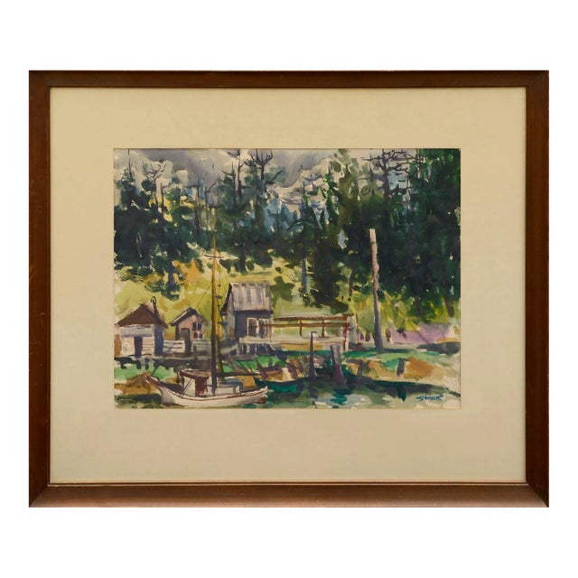 Mid Century Watercolor Landscape -- Boats at the Dock For Sale