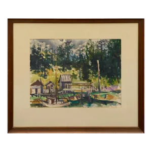 Mid Century Watercolor Landscape -- Boats at the Dock