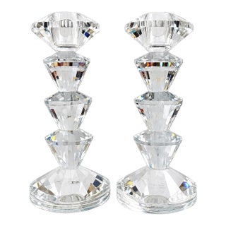 Pair of Simon Designs Faceted Crystal Candlesticks – Geometric Art Deco Style For Sale