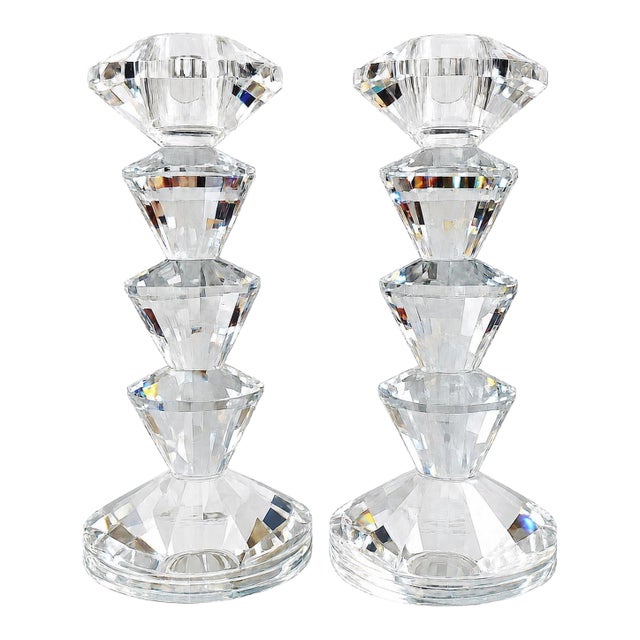 Pair of Simon Designs Faceted Crystal Candlesticks – Geometric Art Deco Style For Sale