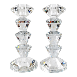 Pair of Simon Designs Faceted Crystal Candlesticks – Geometric Art Deco Style