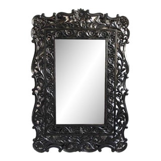 Black Floral Carved Wood Mirror For Sale