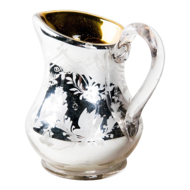 Vintage Bird & Wreath Enameled Mercury Glass Pitcher For Sale