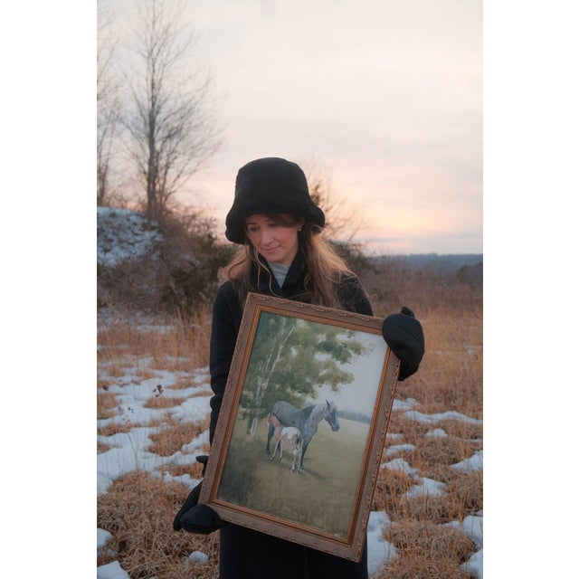 The Gift by Mo Myra | Watercolor on paper of a horse and foal in a grassy landscape For Sale - Image 4 of 5
