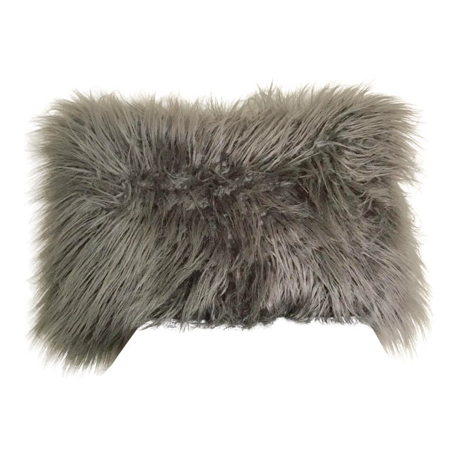 Faux Mongolian Fur Rectangle Gray Pillow For Sale