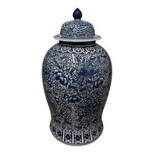Oversized Blue & White Porcelain Temple or Ginger Jar With Crane & Peony Design