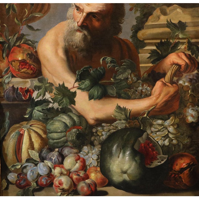 Bottega Di Abraham Brueghel, Portrait of the Greek Philosopher Diogenes with a Composition of Fruit, 1680, Oil on Canvas For Sale - Image 12 of 14