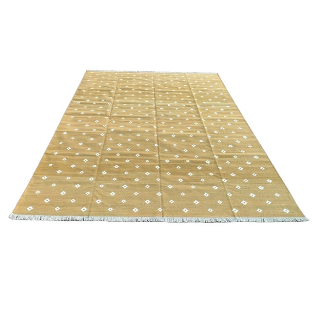 Handmade Cotton Area Rug Natural Vegetable Dyed Mustard and White Diamond Dhurrie-12'x15' For Sale - Image 9 of 10