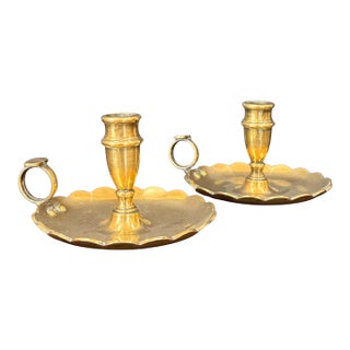 1930s Scalloped Brass Chamberstick Pair For Sale