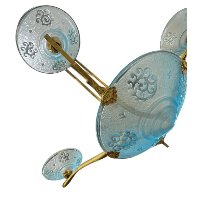 Vintage Chandelier Light Swedish Art Deco Style Plated Brass & Aqua Blue Frosted For Sale - Image 4 of 11