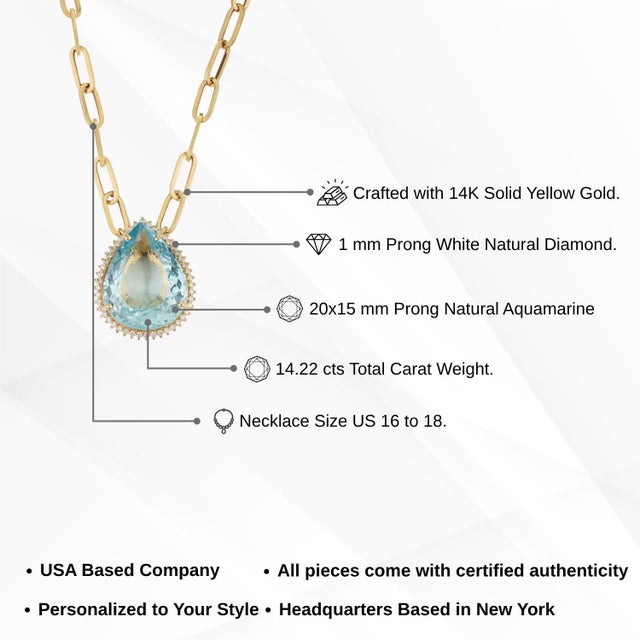 Certified 14.22Ct Aquamarine & Diamond Paperclip Pendant Necklace in 14k Gold For Sale - Image 13 of 17