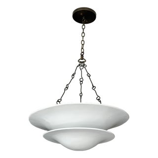 Matte White Layered Pendant Light | 4-Light Steel Shade Chandelier With Black Antique Brass Chain For Sale
