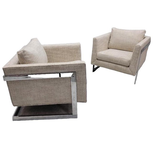 Mid-Century Modern Mid Century Modern Attributed to Milo Baughman Chrome Flat Bar Cantilever Club Chairs Newly Reupholstered - Pair For Sale - Image 3 of 6