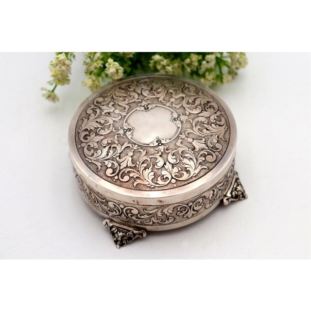Circular Silver Box with Reliefs and Monogram Card For Sale - Image 4 of 5