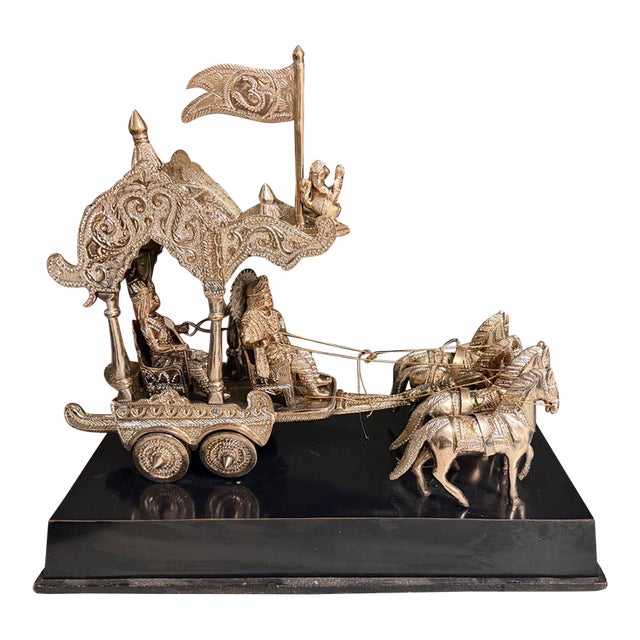 1960s Mahabharata Chariot Metal Statue Lord Krishna Arjun Rath Handmade Sculpture 18” For Sale