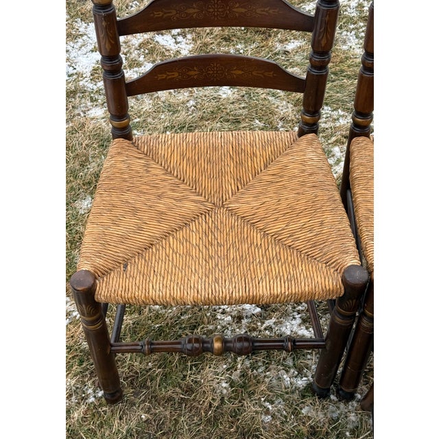 Hitchcock Vintage Hitchcock Harvest Paint Decorated Ladderback Rush Seat Dining Chairs - Set of 4 For Sale - Image 4 of 12