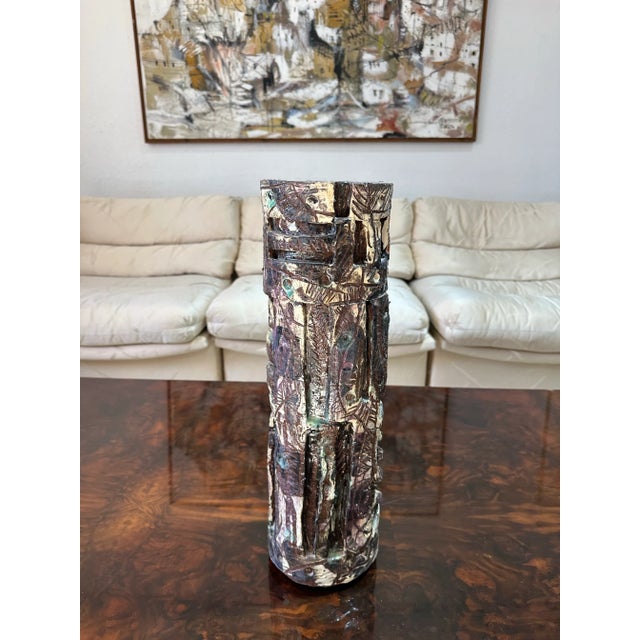 1970s 1970s Monumental Vintage Brutalist Studio Pottery Cylinder Vase For Sale - Image 5 of 11