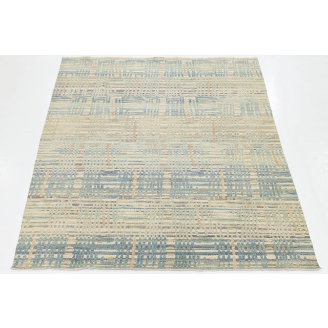 Modern Abstract Plaid Wool Area Rug – Coastal Blue & Sage Green 9x12 For Sale - Image 9 of 11