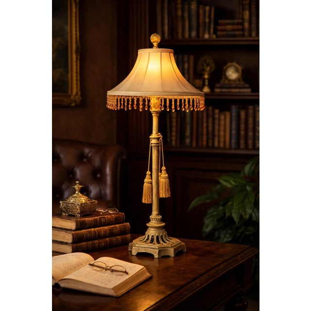 Metal Vintage Hollywood Regency Cast Iron Table Lamp With Beaded Fringe Shade & Dual Tassels – 38” Tall For Sale - Image 7 of 12