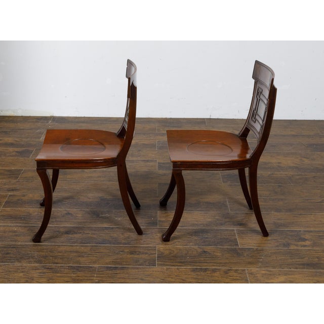 Pair of English Regency Mahogany Hall Chairs with Painted Coat of Arms For Sale In Atlanta - Image 6 of 12