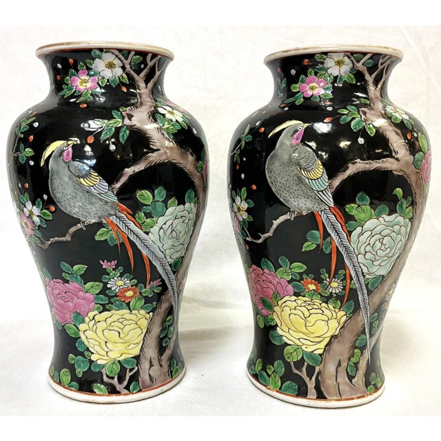Mid Century Chinoiserie Birds With Peonies Hand Painted Porcelain Vases- a Pair For Sale - Image 11 of 12