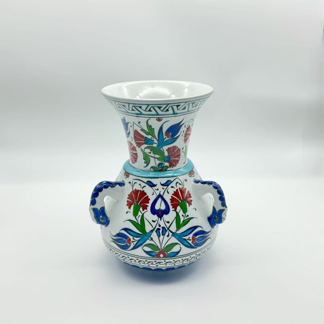 Ceramic Handmade Ceramic “Kandil” Vase (20cm) – Traditional Mosque Lamp Shape with Red Tulips – Handled Iznik Decor For Sale - Image 7 of 8