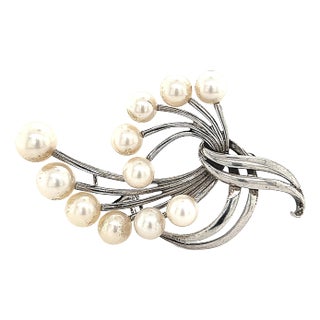 1990s Mikimoto Estate Akoya Pearl Brooch Sterling Silver For Sale
