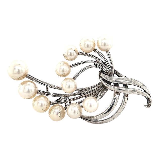 1990s Mikimoto Estate Akoya Pearl Brooch Sterling Silver For Sale