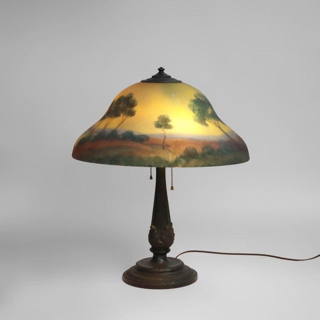 1920 Jefferson School Arts & Crafts Reverse Painted Landscape Lamp For Sale - Image 6 of 12