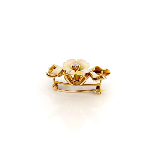 Antique Whiteside & Balnk 14k Iridescent Enamel Orchid Brooch For Sale - Image 4 of 10