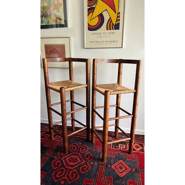 1970s Mid Century Bar Stools Bent Wood & Paper Cord Seat - A Pair For Sale - Image 9 of 12