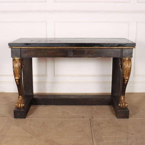 Early 19th century English carved and painted pine console table with two faux drawers and a 4cm thick slate top. 1820...