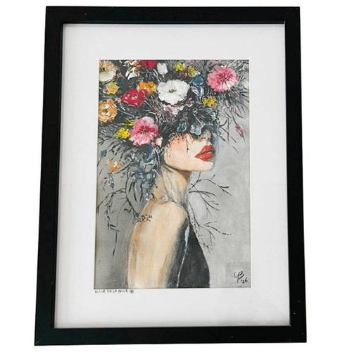 Black Acrylic Painting Fleur De La Nuit Woman with Flowers in Wood Veneer Frame For Sale - Image 8 of 8