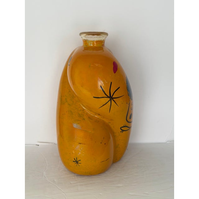 Late 20th Century Joan Miró Style Sculptural Yellow Hand Painted Art Glass Vase For Sale - Image 4 of 7