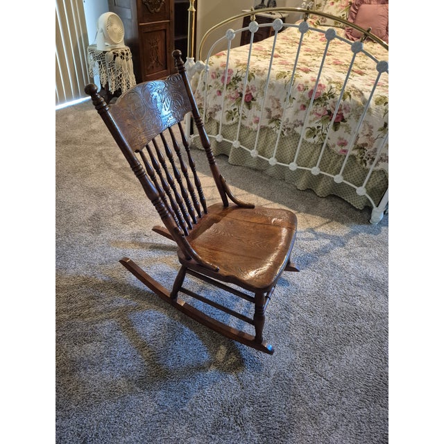 Antique Pressed Back Oak Rocking Chair For Sale In Palm Springs - Image 6 of 10