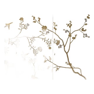 Hand Painted Chinoiserie Wallpaper Mural With Birds and Floral Branches – Luxury Scenic Wallcovering For Sale