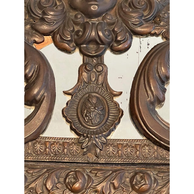 Chocolate Mirror with Closed Pares in Repoussé Copper Decorated with Garlands of Flowers For Sale - Image 8 of 12