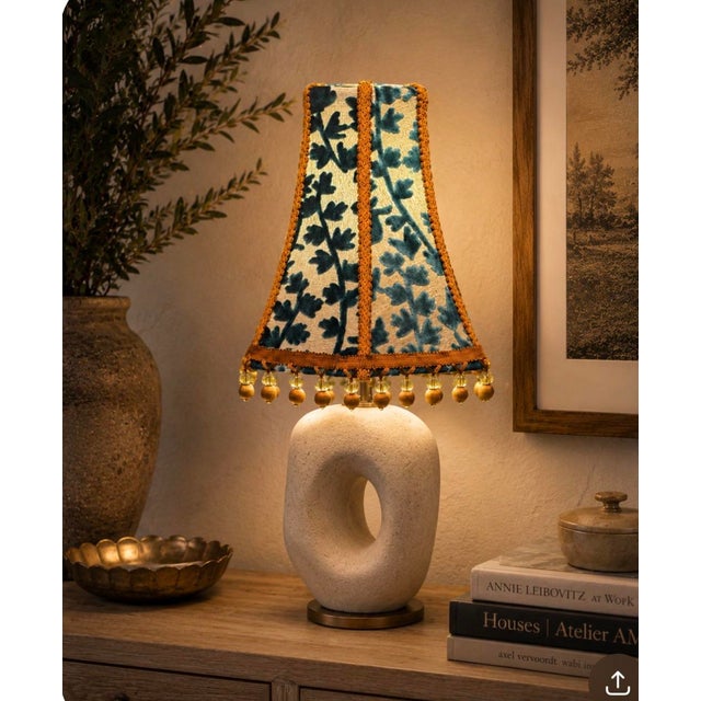 Designer Covington Teal Bunny Velvet Lamp Shade Tapered Drum With Brown Beaded Fringe That Glows For Sale - Image 6 of 6