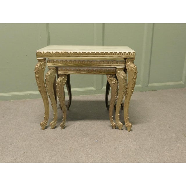Metal Brass Nesting Tables with Marble Tops, 1920, Set of 3 For Sale - Image 7 of 8