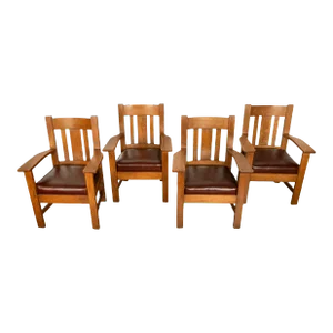 Antique Set 4 American Oak Arts & Crafts Mission Arm Chairs Stickley Oregon 1910