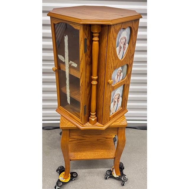 1960s Mid Century Revolving Jewelry Armoire in Oak Finish Free Standing Pilasters Mirror Chest of Draws For Sale - Image 13 of 17