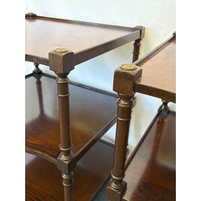 Vintage Regency Style Wood Three Tiered Library Side Tables on Casters- A Pair For Sale - Image 14 of 18