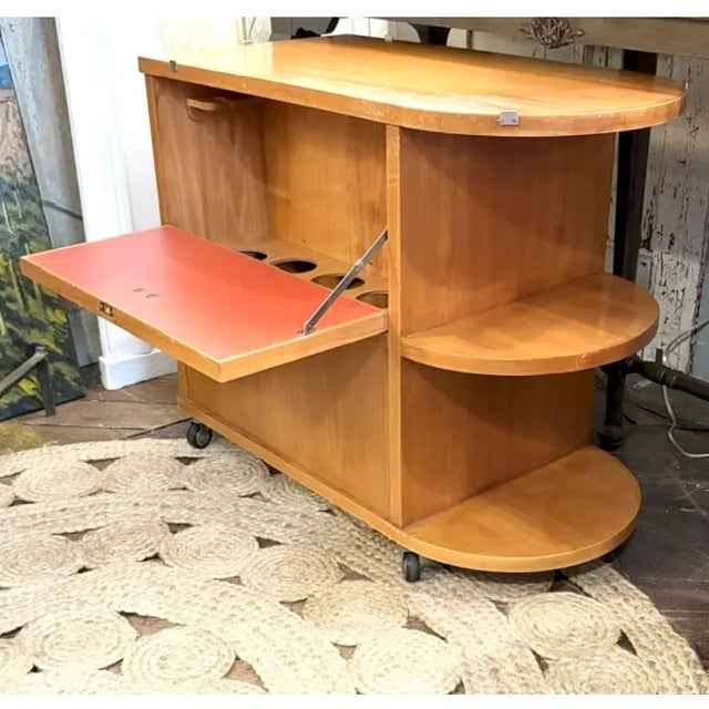 Mid Century Art Deco Inspired Rolling Bar Cart With Drop Front and Glass Bar Storage on the Reverse. For Sale - Image 4 of 9