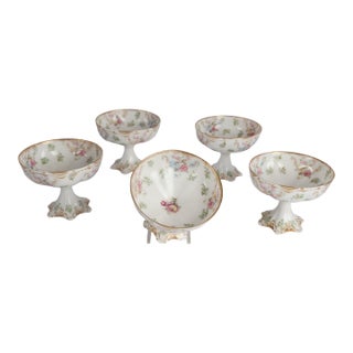 Early 20th Century Haviland Limoges France Hand-Painted Floral Footed Sherbet Dessert Cups - Set of 5 For Sale